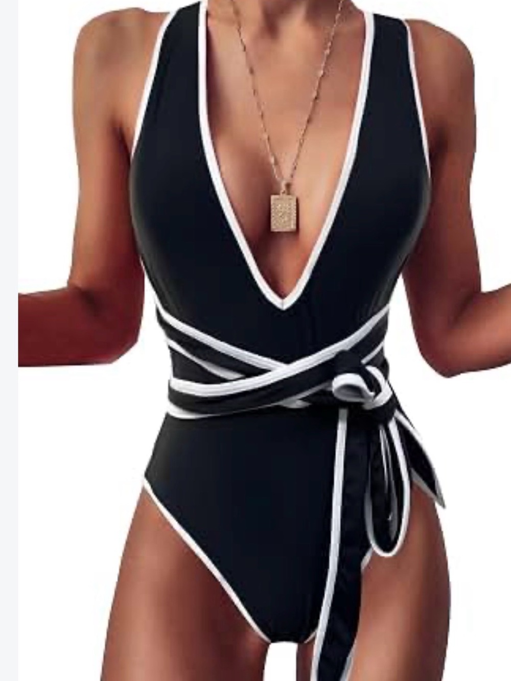 Deep V Black One-Piece Swimsuit with White Trim and Wrap Tie